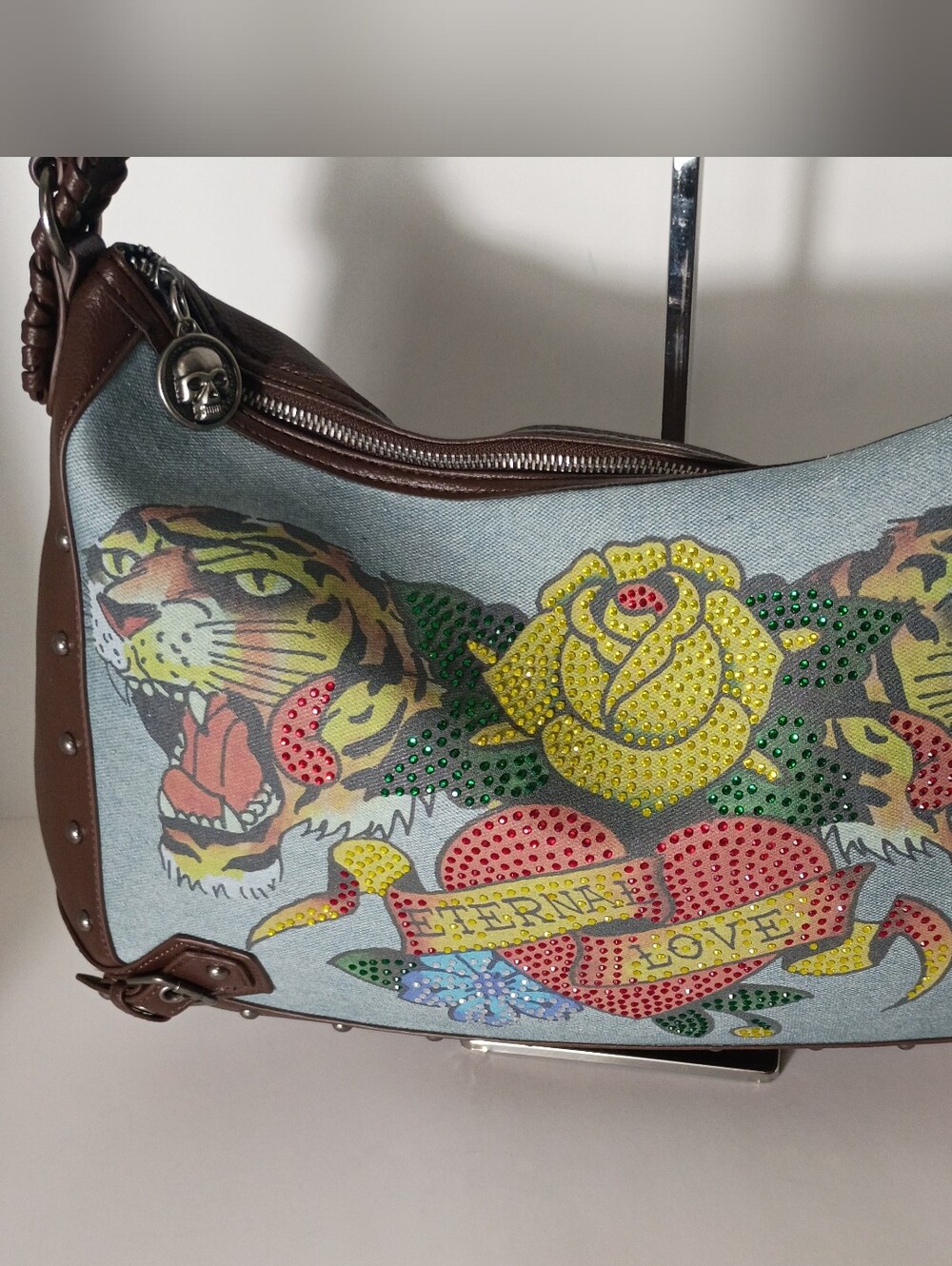 Ed Hardy Embellished Denim/Brown Vegan Leather Shoulder Hobo Bag w/Rhinestone - Picture 2 of 11